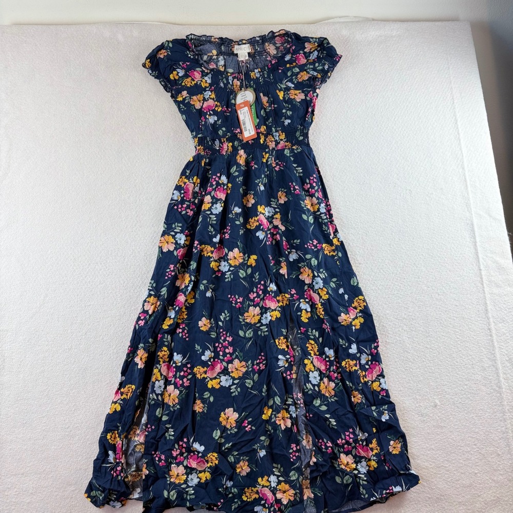 Apricot Bright Floral Midi Dress Navy Blue Smocked EcoVero Size S 708426 NWT